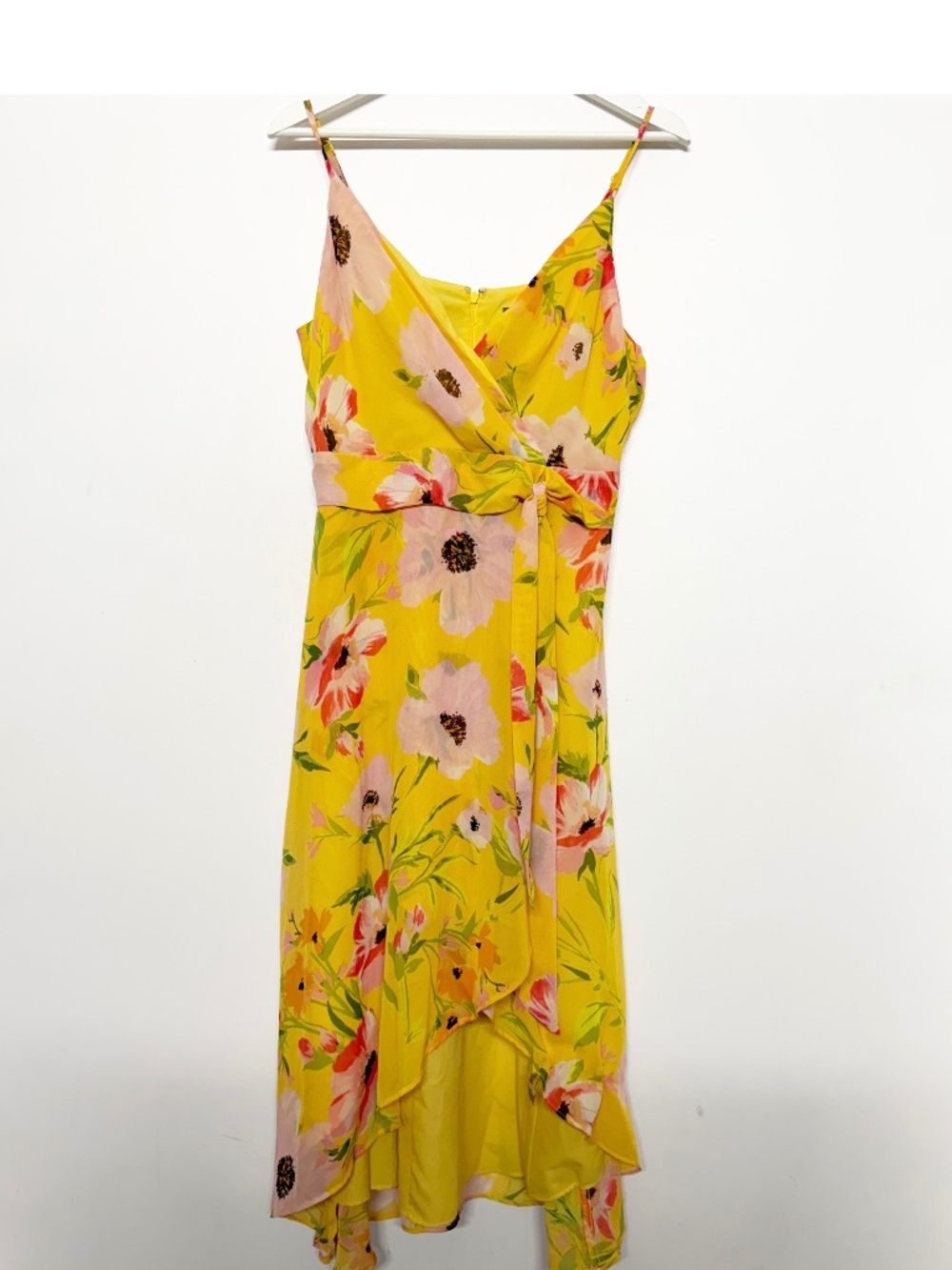 Vince Camuto Dress Womens Size 8P 8 Petite Midi Yellow Floral Scarf Ruffle Hem